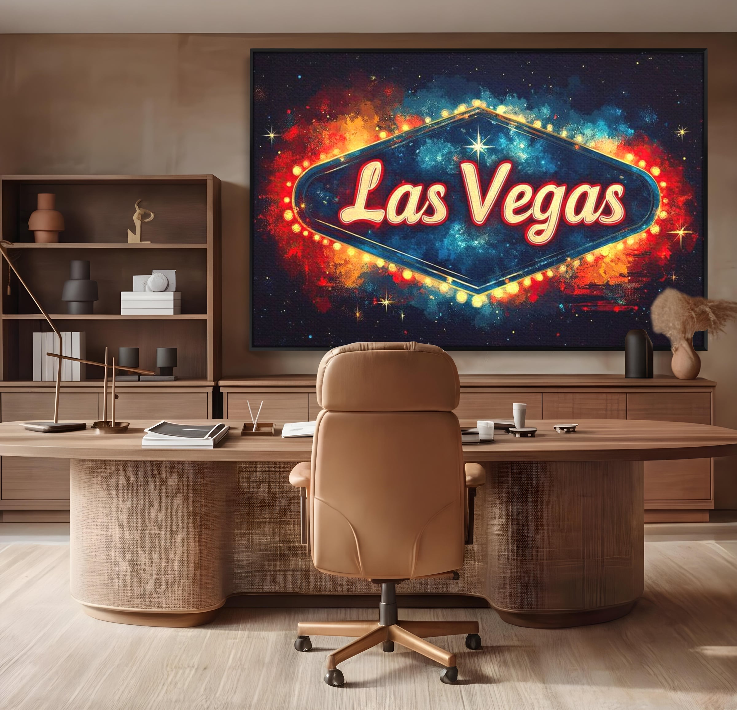 Tablou canvas cu tablou canvas cu semn neon las vegas, in rama de aluminiu negru, pe perete intr-un birou